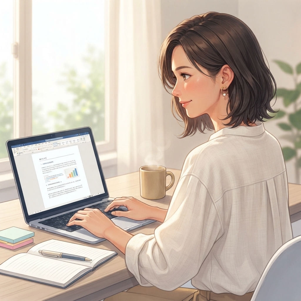 窓辺の机で、ノートPCで文書を作成する女性のイラスト